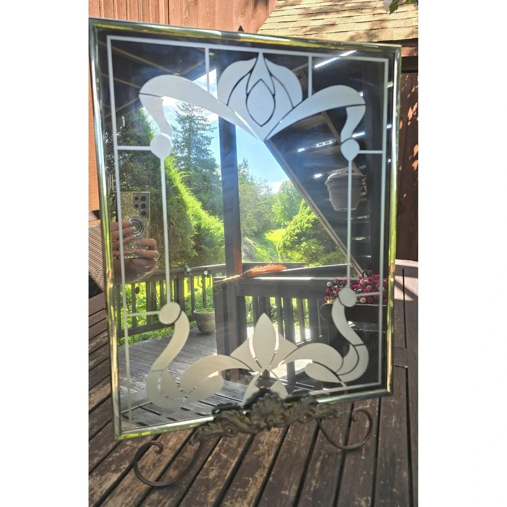 Vintage Marsel Etched Glass Art Deco Mirror Gold Frame 16x20